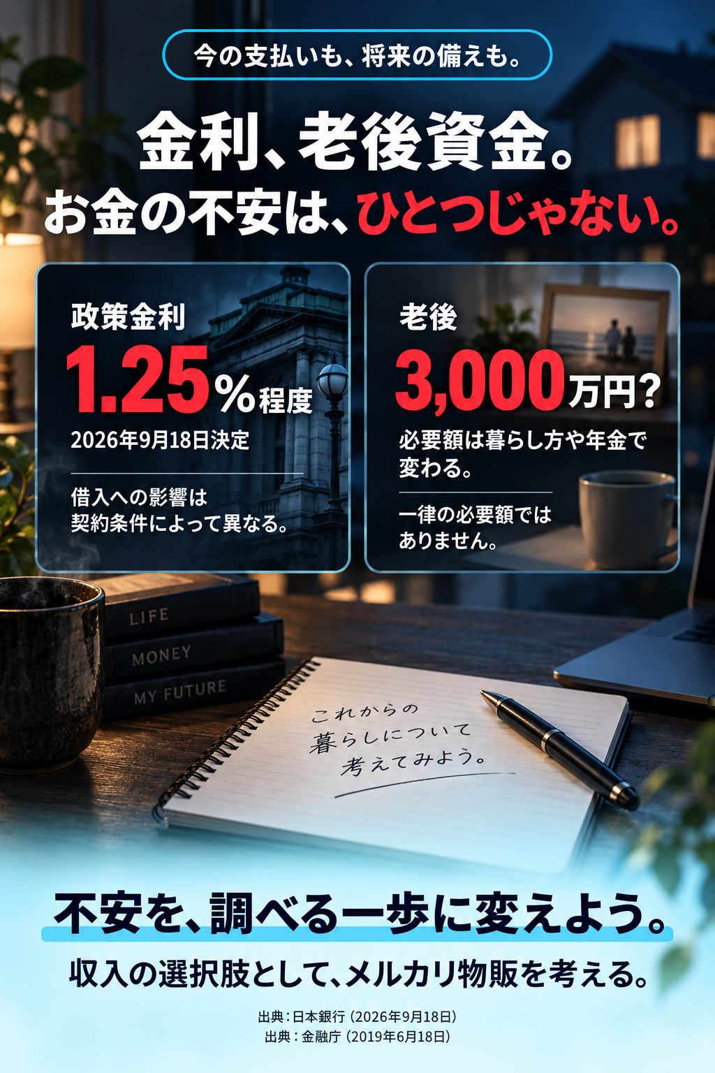 今の支払いも、将来の備えも。金利、老後資金。お金の不安は、ひとつじゃない。政策金利1.25%程度（2026年9月18日決定）。借入への影響は契約条件によって異なる。老後3,000万円？必要額は暮らし方や年金で変わる。一律の必要額ではありません。不安を、調べる一歩に変えよう。収入の選択肢として、メルカリ物販を考える。出典：日本銀行2026年9月18日／金融庁2019年6月18日。