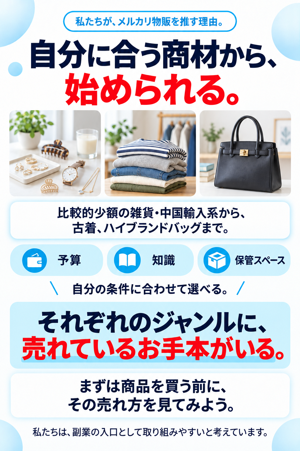 私たちが、メルカリ物販を推す理由。自分に合う商材から、始められる。比較的少額の雑貨・中国輸入系から、古着、ハイブランドバッグまで。予算・知識・保管スペースに合わせて選べる。それぞれのジャンルに、売れているお手本がいる。まずは商品を買う前に、その売れ方を見てみよう。私たちは、副業の入口として取り組みやすいと考えています。