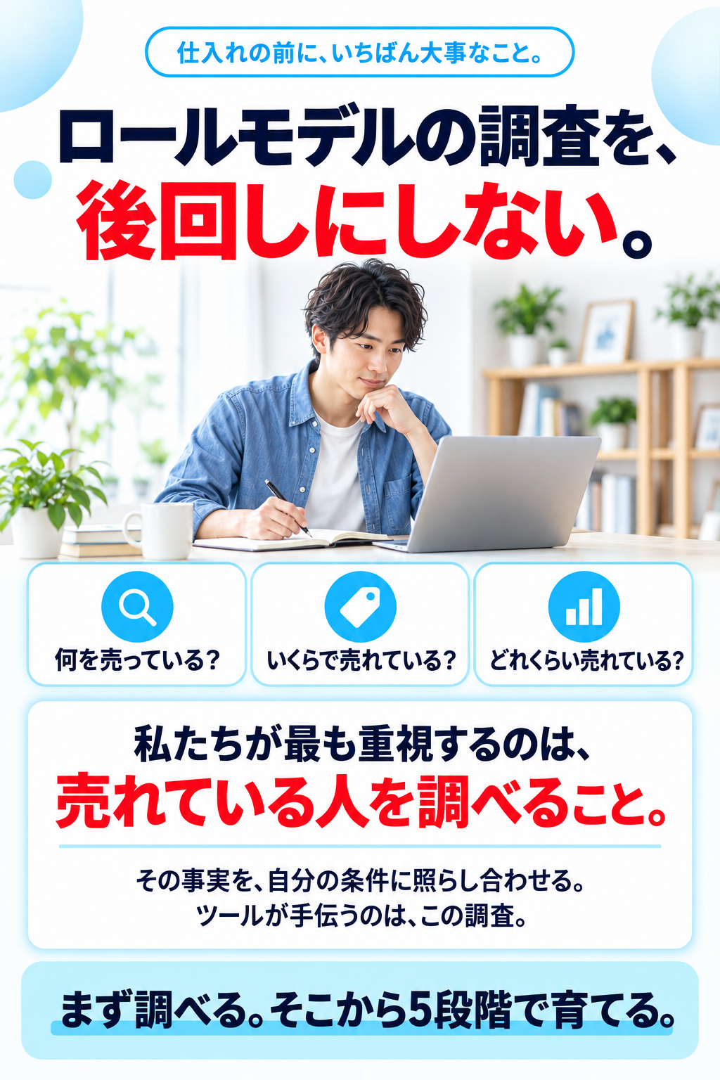 仕入れの前に、いちばん大事なこと。ロールモデルの調査を、後回しにしない。何を売っている？いくらで売れている？どれくらい売れている？私たちが最も重視するのは、売れている人を調べること。その事実を、自分の条件に照らし合わせる。ツールが手伝うのは、この調査。まず調べる。そこから5段階で育てる。