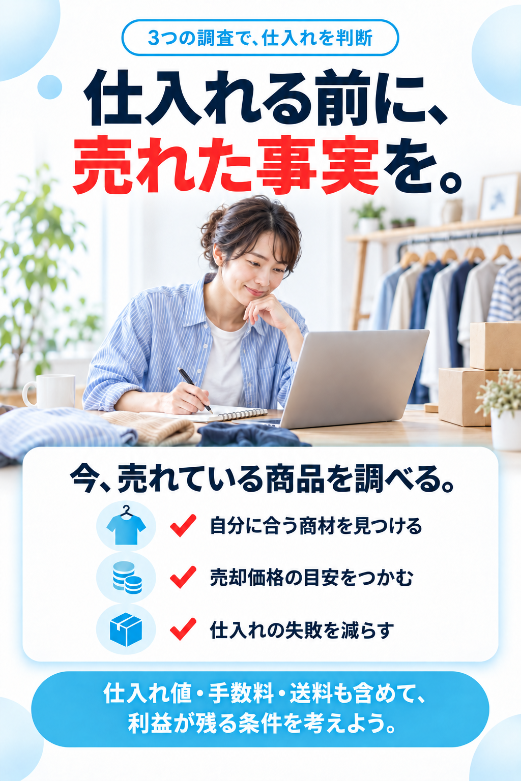 3つの調査で、仕入れを判断。仕入れる前に、売れた事実を。今、売れている商品を調べる。自分に合う商材を見つける。売却価格の目安をつかむ。仕入れの失敗を減らす。仕入れ値・手数料・送料も含めて、利益が残る条件を考えよう。