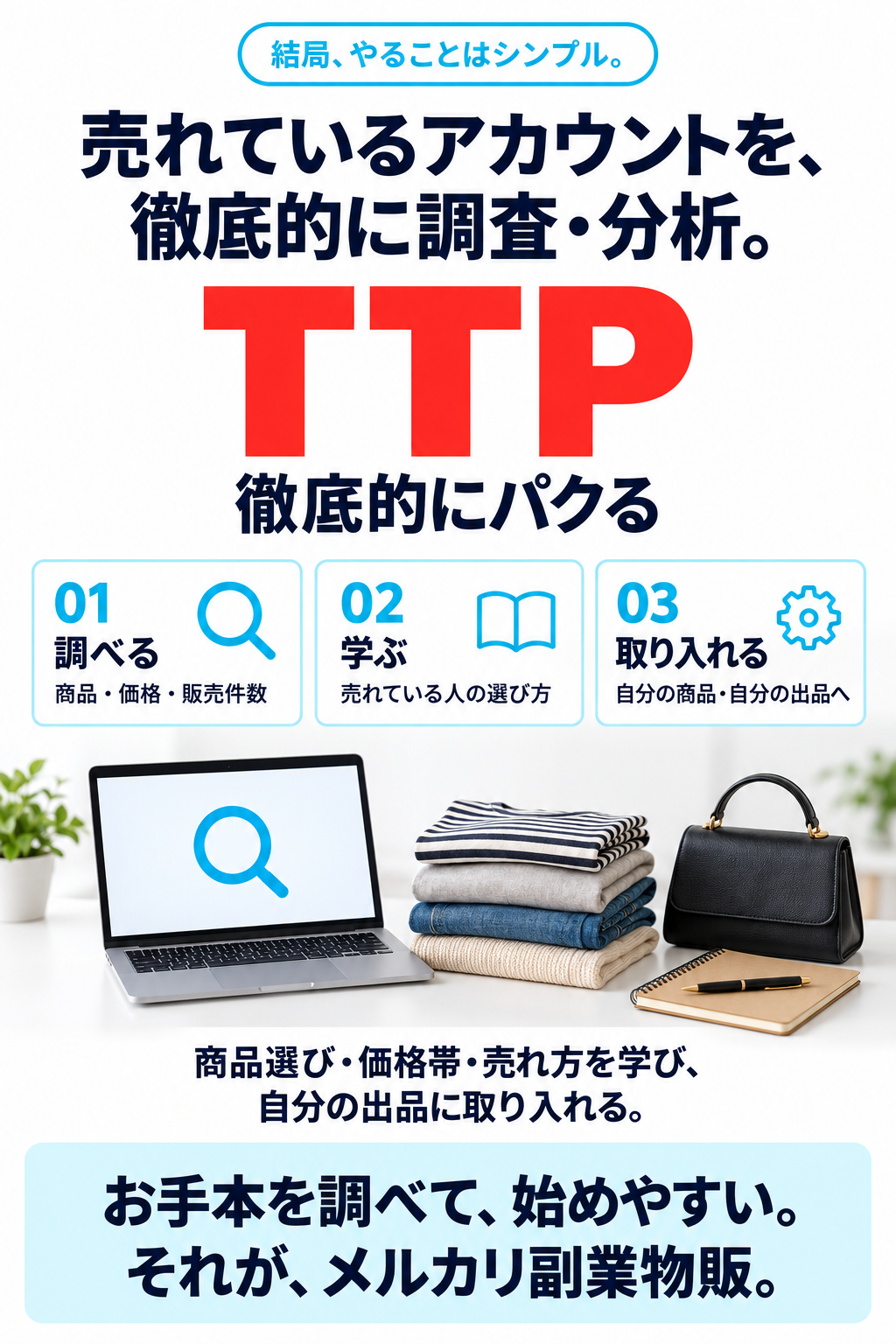 結局、やることはシンプル。売れているアカウントを、徹底的に調査・分析。TTP 徹底的にパクる。01 調べる：商品・価格・販売件数。02 学ぶ：売れている人の選び方。03 取り入れる：自分の商品・自分の出品へ。商品選び・価格帯・売れ方を学び、自分の出品に取り入れる。お手本を調べて、始めやすい。それが、メルカリ副業物販。
