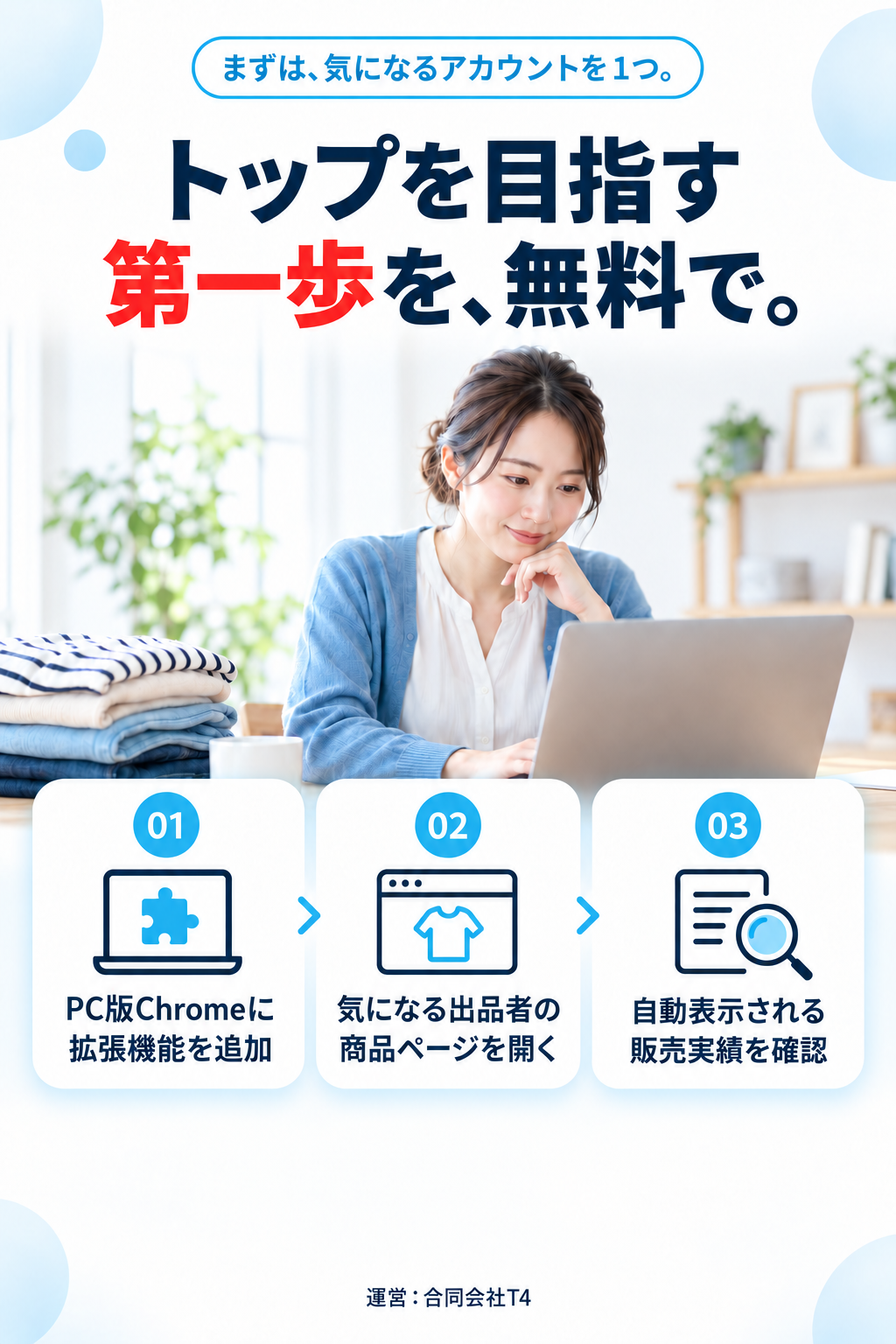 まずは、気になるアカウントを1つ。トップを目指す第一歩を、無料で。01 PC版Chromeに拡張機能を追加。02 気になる出品者の商品ページを開く。03 自動表示される販売実績を確認。運営：合同会社T4。